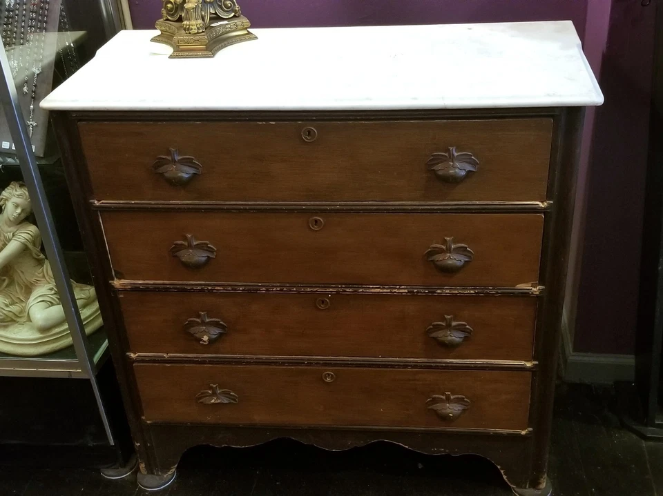 Antique Marble Top 4 Drawer Oak Dresser 38.5"x37"x17.5" Very Good Condition - Image 1 of 4