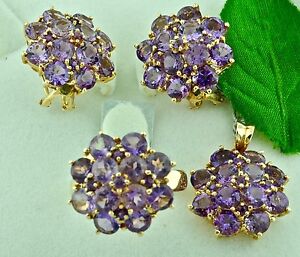 20.20 ct 14k Solid Yellow Gold Ladies Amethyst Earring Pendant Ring Set Cluster
