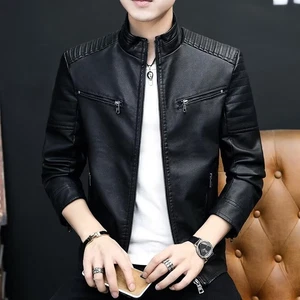 Men's Slim Stand Collar Motorcycle Faux Leather Biker Jacket Zipper Coat Outwear - Picture 1 of 17
