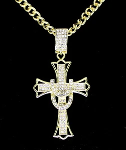 Mens Icy 1.75" Cz Cross Pendant 14k Gold Plated 24" Rope Chain Hip Hop Necklace - Picture 1 of 5