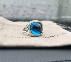 David Yurman 925 Silver 14mm ALBION Ring Blue Topaz & Diamonds Sz 6 - Picture 1 of 5