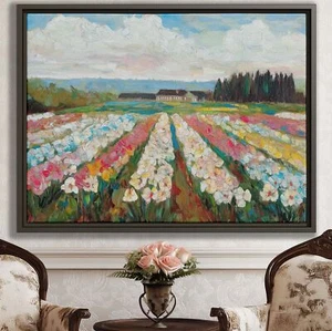 Rustic Vintage Flower Field Canvas Print Wall Art Framed Oil Painting Decor - Picture 1 of 9