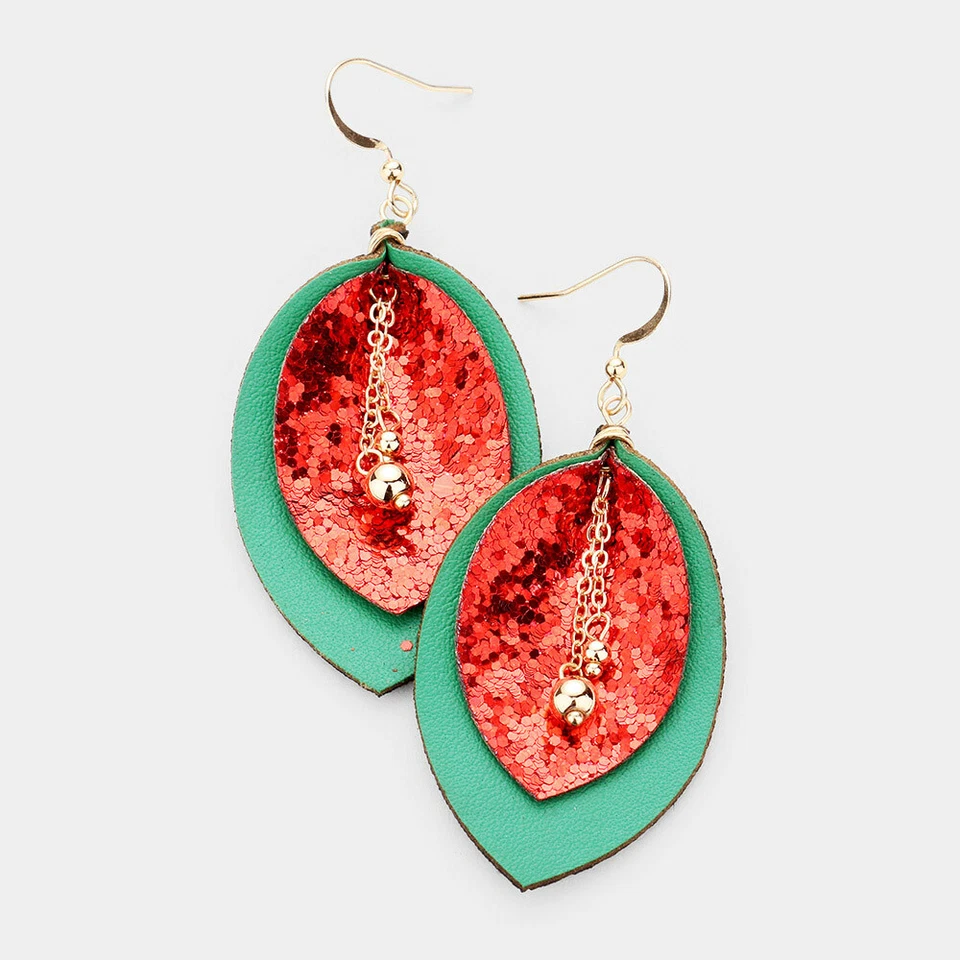 Christmas Earrings Faux Leather 2.6"Drop Sequins Jingle Bells Holiday GOLD GREEN - Изображение 1 из 1