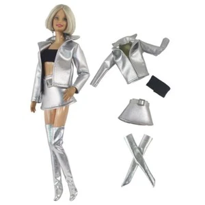 Silver Leather Fashion Clothes Set 11.5" Doll Outfit Jacket Coat Skirt Socks 1/6 - Picture 1 of 3
