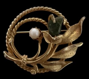 Spilla vintage MCM Sarah Coventry giada giardino tono oro fiore finta perla 2" - Foto 1 di 5