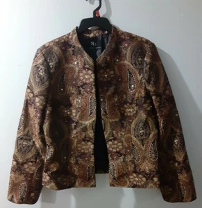 SANDRA DARREN WOMENS EMBROIDERED SEQUINS BROWN PAISLEY DESIGNER JACKET 12 - Picture 1 of 10
