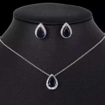 Simulated Blue Sapphire & Diamond 925 Silver Womens Pendant Earrings Jewelry Set - Image 1 of 4