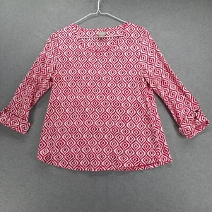 Chico's Top Womens 0 US S-4 Red White Print 3/4 Sleeve Crew Neck Cotton Blend - Picture 1 of 11
