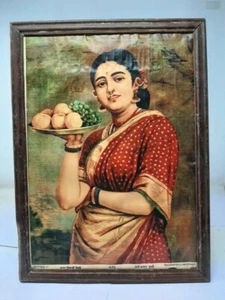 Vintage Raja Ravi Varma Lithograph Of The Maharashtrian Lady Madvi Frame 15 x 11 - Picture 1 of 6