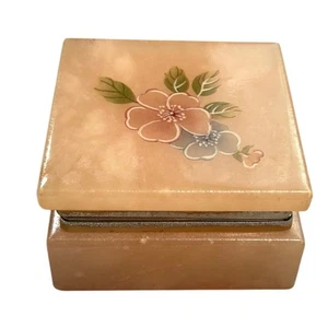 Genuine Alabaster Trinket Box Hand Carved Floral Design Made in Italy Vintage - Picture 1 of 9