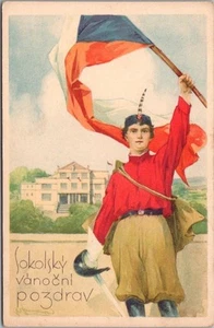 Tschechische SOKOL Turnen Sport Postkarte "Sokolsky Vanocni Pozdrav" Plakat Kunst - Bild 1 von 2