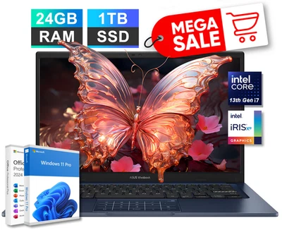 2025 ASUS Vivobook 14" FHD Laptop 13th Intel i7 24GB RAM 1TB SSD Windows 11 Pro - Image 1 of 4