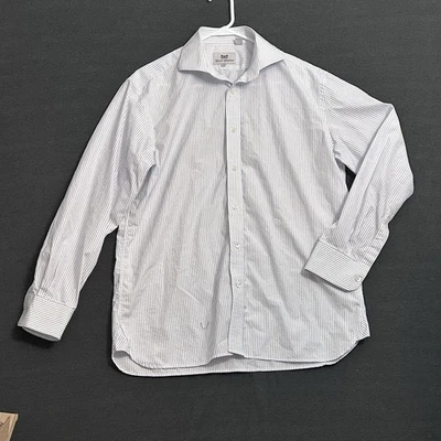 Hickey Freeman 男式白色带蓝色细条纹棉质正装衬衫 16 领 Lg — 第 1/4 张图片