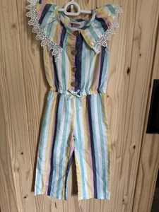 Girls 6 Little Lass Striped Pastel Button Up Romper Lace  - Picture 1 of 8