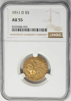 1911-D $5 Gold Indian AU55 NGC 950440-9 - Image 1 of 4