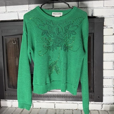 Suéter Feo Vintage Western Connection Navidad Cuentas Verdes Vacaciones Abuela M Foto 1 de 4