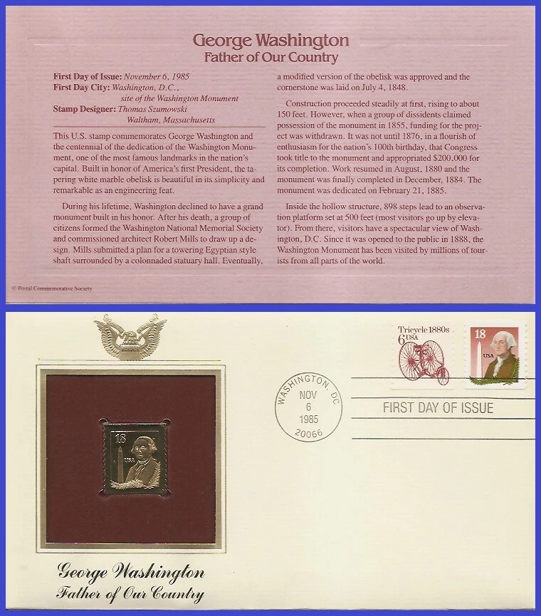 USA8 #2149 U/A GOLDEN REPLICA FDC   George Washington & Monument - Image 1 of 1