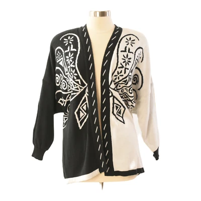 Vintage Leslie Fay Black & White Colorblock Oversized Cardigan Art Deco PS - Image 1 of 3