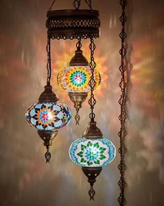DEMMEX Customizable 3 Large Globe Plug-in Turkish Moroccan Mosaic Chandelier,... - Picture 1 of 9