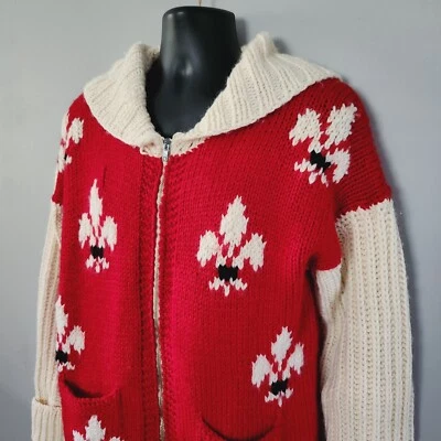 Vtg 50s Mary Maxim Handknit Zip Cowichan Fleur-de-lis Bulky Knit Sweater L - Image 1 of 4