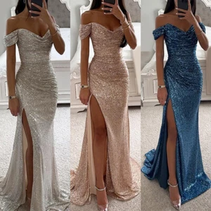 Dress Party Shoulder Off Color Women Pure Dress Sexy Sequin Long Prom Fasion UK - Picture 1 of 13