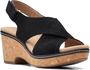 Clarks Women's Giselle Cove Wedge Sandals, Black Size 9M - Picture 1 of 6