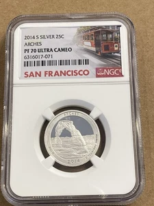 2014-S Arches Silver Quarter NGC PF 70 Ultra Cameo Trolley - Picture 1 of 2