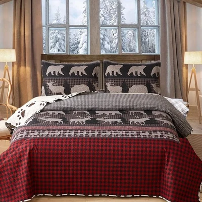 King Size Quilt Set Bedding Rustic Lodge Bedspread Set Queen Red Black Buffal... - Image 1 of 4