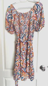 KATE & SAM Orange Turquoise Boho Paisley Floral Smocked Ruffle Dress Size S - Picture 1 of 3
