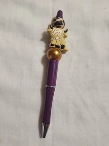 Bead Pen Highland Cow Deep Purple Pen Gold Animal Print Beads Handmade - Picture 1 of 3