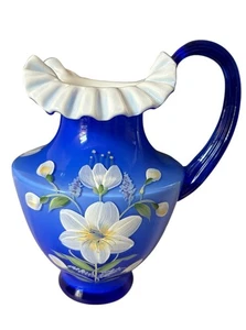 George Fenton Krug gefasst Glas blau auf weiß handbemalt signiert Pam Hayhurst - Bild 1 von 13