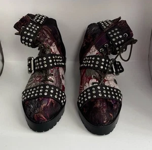 Jeffrey Campbell Size 8 Slam2st Red Gray Floral Silver Studded Embellished Boots - Picture 1 of 6