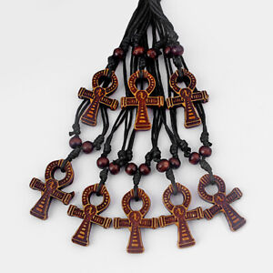 12PCS Brown Egypti Ankh Cross Pendant Faux Yak Bone Amulet Wax Cord Necklace