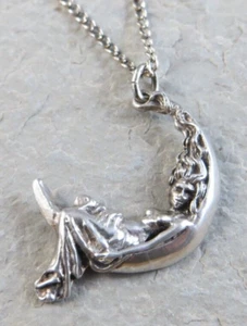 Antique Art Nouveau Woman Moon Pendant 30" Sterling Silver Chain Necklace #951 - Picture 1 of 19