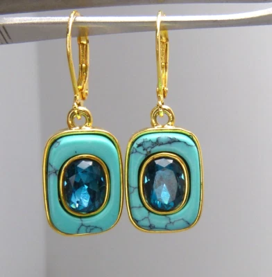Preciosos Pendientes Colgantes Vince Camuto Imitación Turquesa y Cristal Azul Tono Dorado Foto 1 de 4