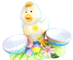 FIGURA DE VACACIONES DE PATO DE PASCUA AMARILLO DE CERÁMICA DE COLECCIÓN CON SOPORTE PARA HUEVOS - Imagen 1 de 4