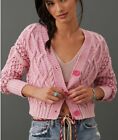 PILCRO x Anthro Cable Knit Cardigan Sweater XS Pink Cropped Button Front V-Neck