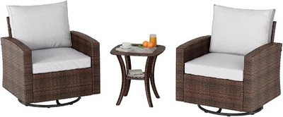 Juego de 3 piezas para patio bistró exterior, mecedoras giratorias de mimbre con cojines Foto 1 de 4