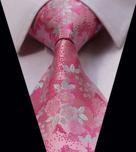 Pink Floral Tie Silver Grey Rose Petal Leaf Paisley Silk Mens Gift Wedding UK - Picture 1 of 3