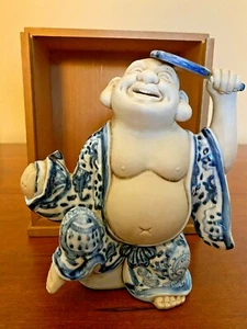 Japanese Kutani Hotei Budda Holding Fan — Antique Blue & White Porcelain Statue - Picture 1 of 12