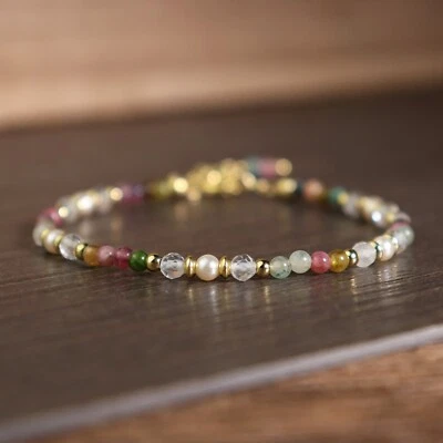 Natural Rainbow Tourmaline Stone Dainty Bracelet Pearl Crystal Healing Bracelet - Image 1 of 2