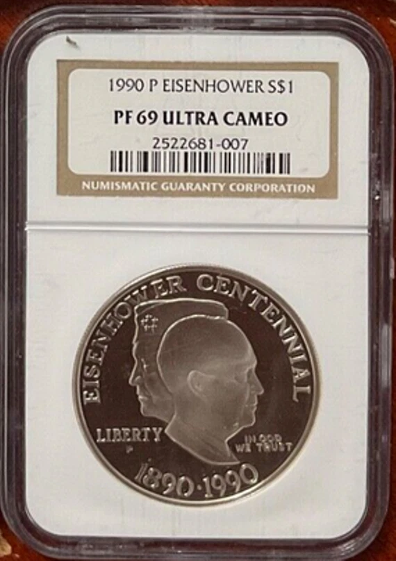 :1990-P $1 SILVER EISENHOWER COMMEMORATIVE NGC PF 69 UC ULTRA CAMEO HIGH GRADES - Image 1 of 2