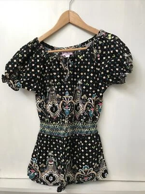 Koi Womens Scrub Top Black Print Elastic Waist Tie Neck Side Pockets Size XS - Image 1 of 4