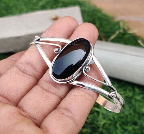 VALENTINO Bracciale Pietra Pregiata Onice Nero Argento Sterling 925 Bracciale Fatto a Mano Donna FD1