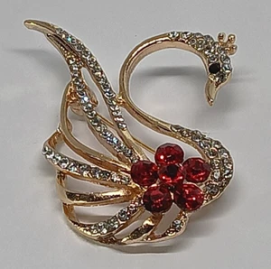 Swan Bird Sparkling Golden Brooch Clear Rhinestone Red Flower Pinback Lapel Pin - Picture 1 of 2
