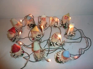 Rare Vintage Italian Christmas Pinecone Putz Elves Wichtel 12 Lichterkette - Bild 1 von 7