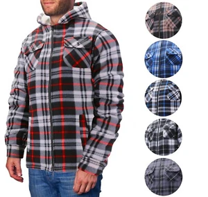 Men's Casual Soft Flannel Warm Fleece Sherpa Lined Plaid Zip Up Hoodie Jacket - Picture 1 of 16