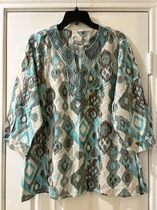 Chico's womens Beaded Accent 3/4 Sleeve Tunic Blouse Top size 3 XL Beige Print - Picture 1 of 6