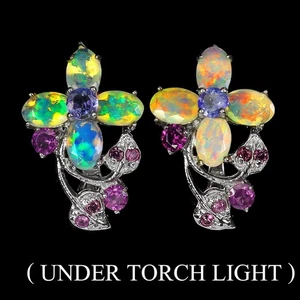 925 Sterling Silver Earrings Oval Fire Opal 6x4mm Tanzanite Gemstone Jewelry - Picture 1 of 13