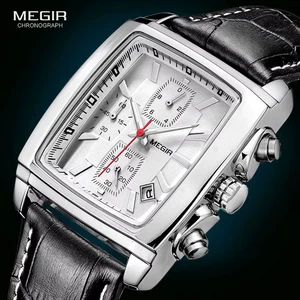 New Rectangle Dial Leather Strap Watch for Men Casual Blue Chronograph Quartz - Picture 1 of 28
